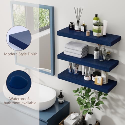 fuqing Blue Floating Shelves for Wall, 17 Inch Wood Wall Shelves Set of 3 - Image 6