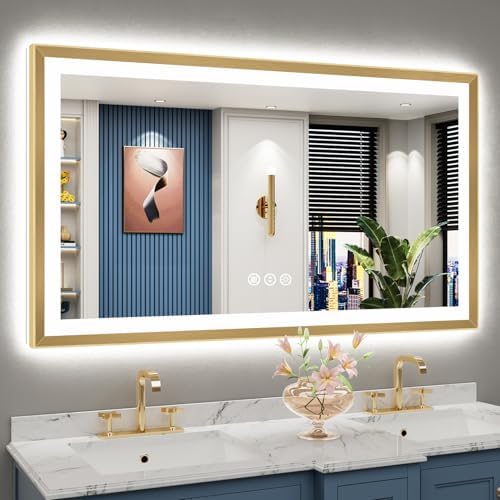 55x30 Gold Beveled LED Lighted Bathroom Mirror, Backlit & Front Lit by Awandee