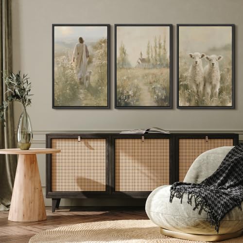 MUDECOR Framed Canvas Print Wall Art Set Jesus and Lambs - Image 4