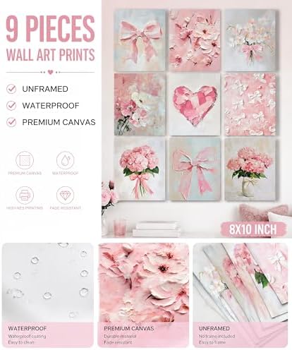 Pink Bow Wall Art Set of 9, Floral Preppy Prints 8x10 Inch Unframed - Image 3