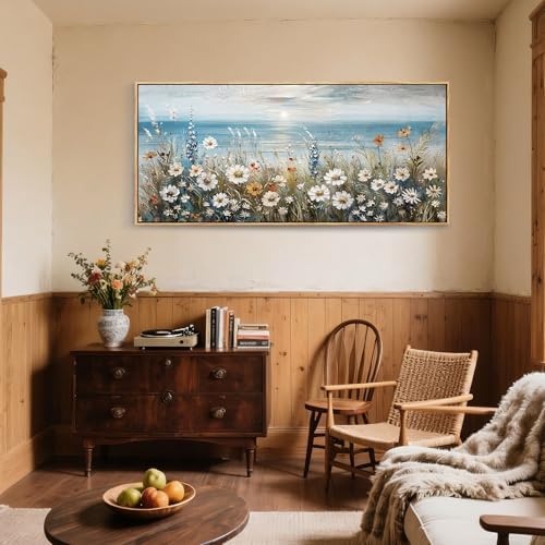 SERIMINO Large Framed Coastal Wall Art, Sunrise Daisy Canvas Prints 32"x71" - Image 2
