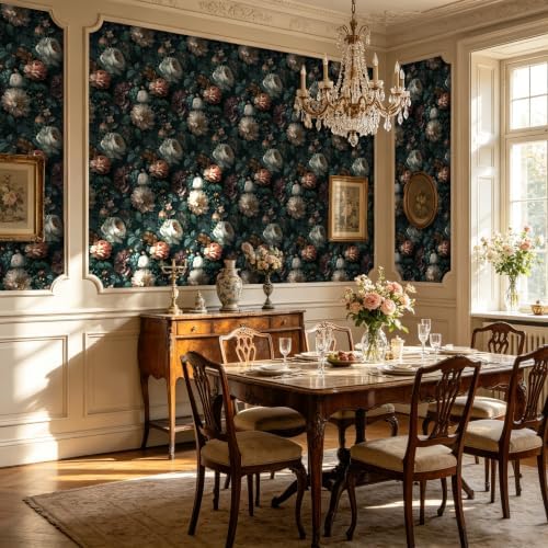 BOKEBEVE Vintage Floral Wallpaper Peel and Stick Black Design 17.5 x 118In - Image 4