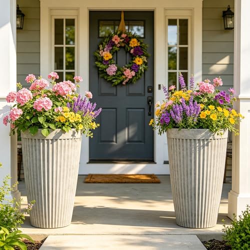 Autodaya 20" Resin Outdoor Tall Planters Set of 2, Ivory Fluted by Unknown
