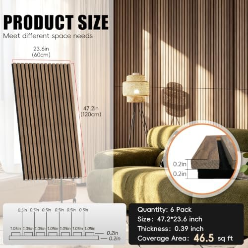 RITOLLO 6-Pack Wood Slat Wall Panels, 46.5 Sq Ft Coverage, Natural Walnut - Image 2