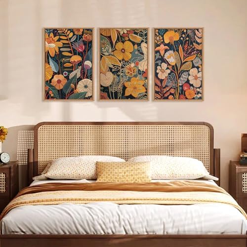 FWIEXA Burnt Orange Floral Framed Wall Art Set of 3, Large Mid Century Modern - Image 3