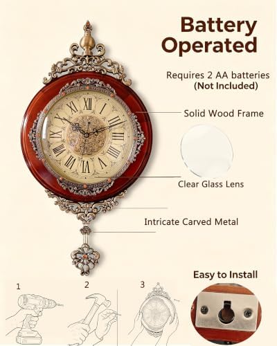 Vintage Wall Clocks Pendulum Silent Large Wall Clock Roman Numeral - Image 3