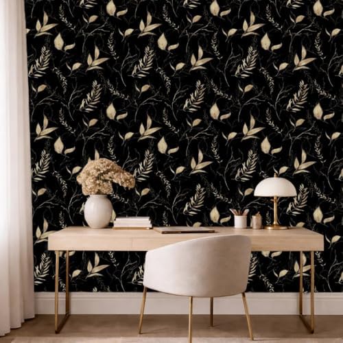 Dark Black and Gold Leaf Peel and Stick Wallpaper 17.7" x 354" - Image 6