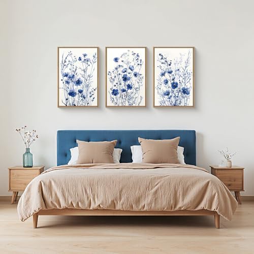 FWIEXA Blue White Wildflower Canvas Wall Art Set of 3, Framed Navy Chinoiserie - Image 5