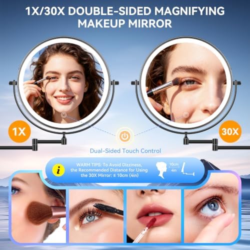 Auxmir 9″ 5000mAh 1X/30X Wall Mounted Lighted Magnifying Makeup Mirror - Image 2