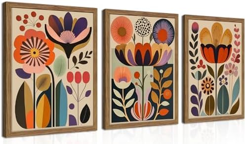 Framed Colorful Floral Wall Art Set of 3, Abstract Scandinavian Flower Canvas by fancynewWallArt