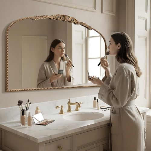 Besdomus Gold Large Fireplace Mirror: 48"x33" Baroque Vintage Arched Mirror - Image 3