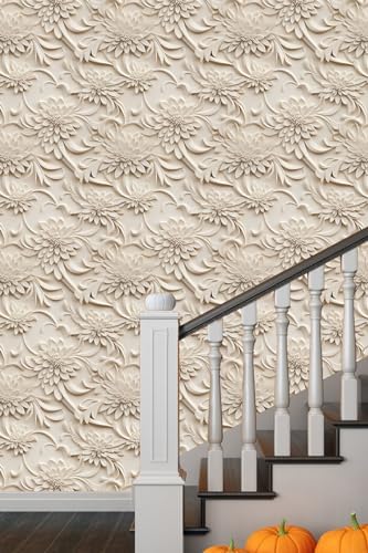 Peel and Stick Wallpaper Light Brown Scroll Floral Small by WEISENI