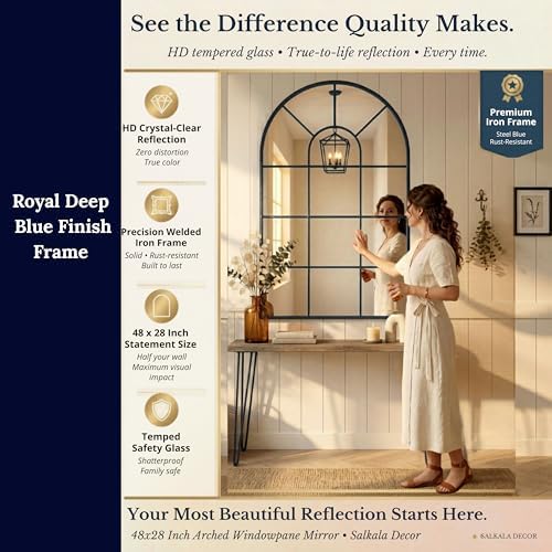 Blue Framed 48x28Inch Arched Window Pane Mirror| Arched Mirrors - Image 2