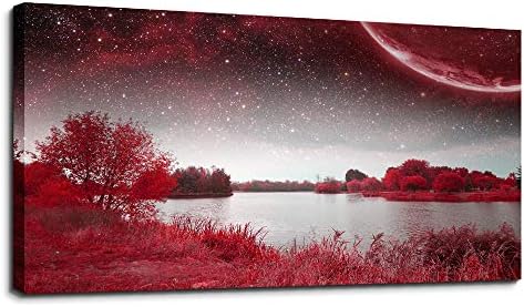 wall art for living room Red Lakes and trees under the starry sky red landscape by MHARTK66