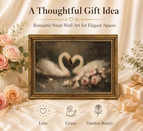 Gold Framed 3D Textured Wall Art, Vintage Rose Swan Canvas Prints, Romantic - Image 3
