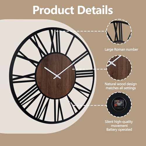 20Inch Large Lighted Wood Wall Clock Remote Control, Roman Numeral Modern - Image 3