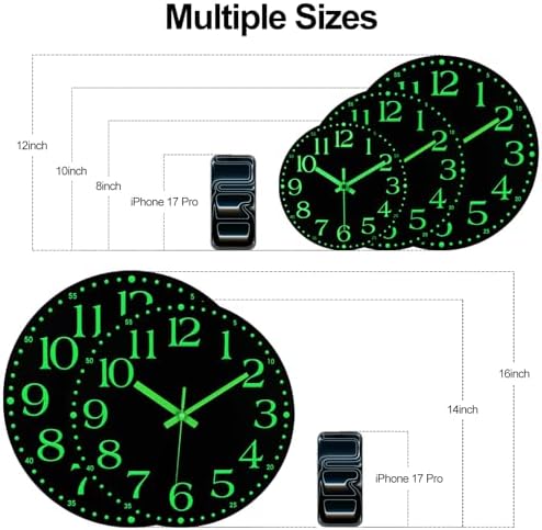 JoFomp Wooden Glow in The Dark Clock, 14 inch Silent Non-Ticking Battery - Image 3