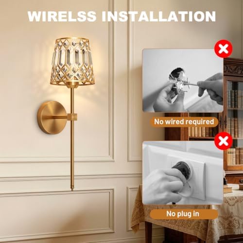Gold Battery Operated Wall Sconces Set of 2, Crystal Rechargeable Wireless Wall - Image 5