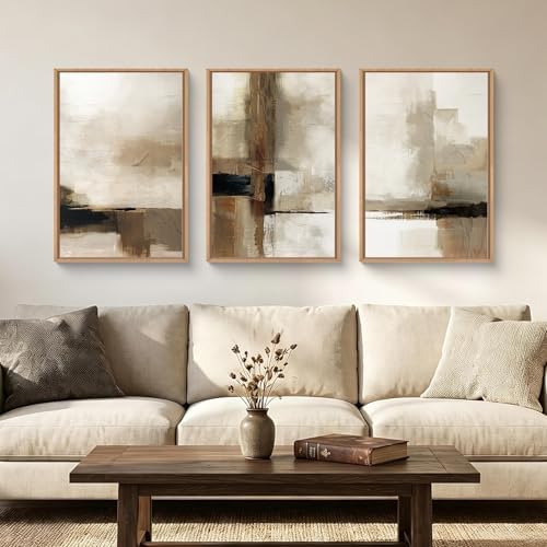 Abstract Neutral Vintage Earth Tone Framed Canvas Wall Art Set-24"x36"x3 by HOURIA