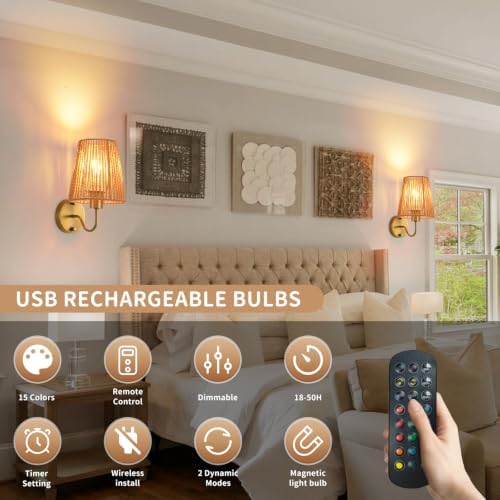 Boho Battery Operated Wall Sconces Set of 2, 15 Colors and Dimmable, Cordless - Image 2