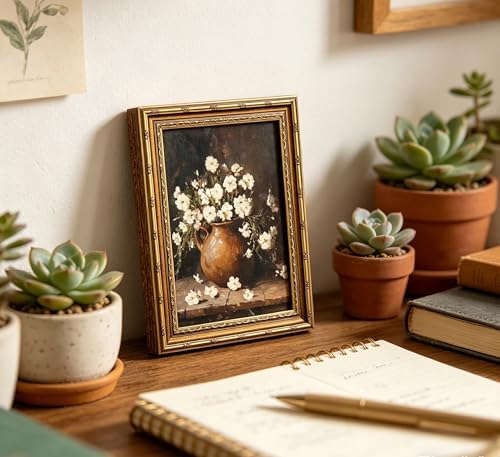 Vintage Gold Framed White Floral Wall Art, Rustic Flower Botanical Still Life - Image 4