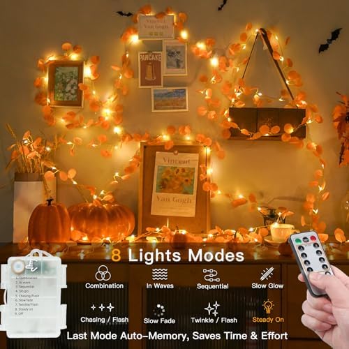 suddus Vine with Fairy Lights Battery Operated, 33ft 100 LED Eucalyptus Leaf - Image 2