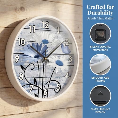 Rustic Wood Board Daisy Butterfly Blue and White wall clock Silent Non Ticking - Image 4