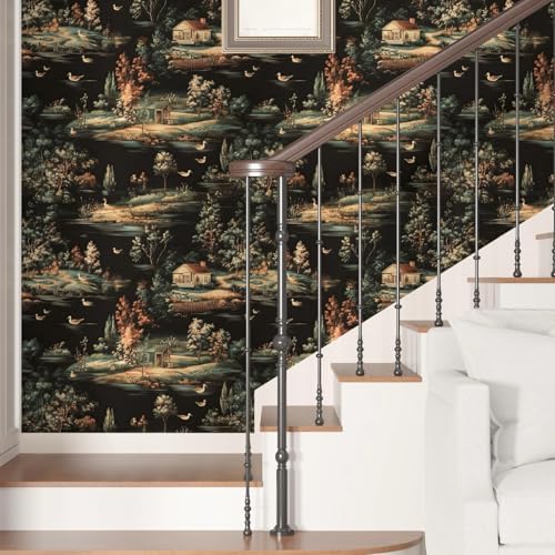 BOKEBEVE Vintage Village Cottage Wallpaper Peel Stick Black 17.5 x 393.5In - Image 2