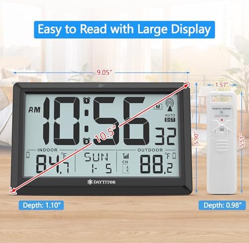 Atomic Clock Wall with Indoor/Outdoor Temp & 10.5" Large LCD Display - Image 2