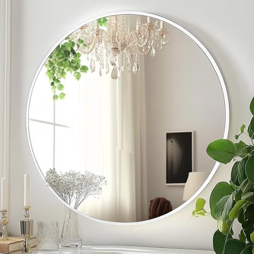 White Round Mirror 20 inch, Circle Mirror, Matte White Metal Frame by Winnker