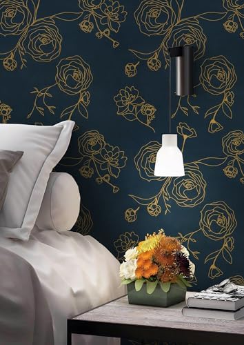 Safiyya 118"x17.3" Peel and Stick Wallpaper Gold and Blue Contact Paper Floral - Image 3