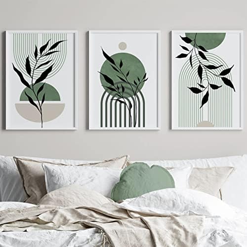 Mid Century Modern Wall Art Set of 3 Sage Green Canvas Wall Art Boho Prints by Baccone