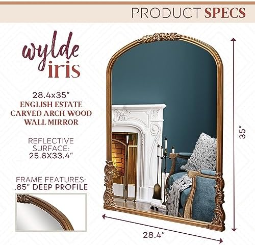 Wylde Iris English Estate Carved Arch Wood Wall Mirror, Mirror - Image 3