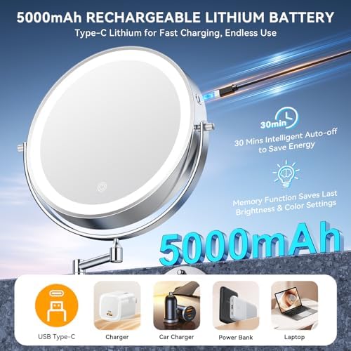 Auxmir 10″ 5000mAh 1X/30X Wall Mounted Lighted Magnifying Makeup Mirror - Image 3