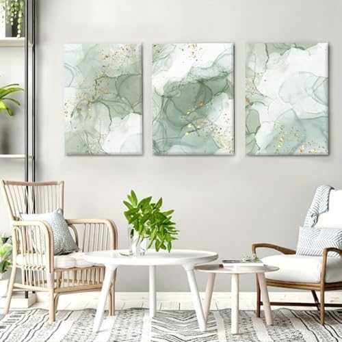 Green Wall Art Set of 3, Abstract Sage Green Wall Decor Living Room, Boho Green - Image 2