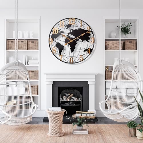 Large World Map Wall Clock Metal Minimalist Modern Round Silent Wall Decor - Image 5