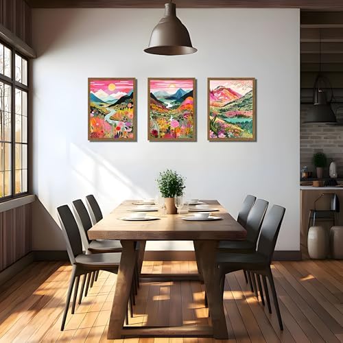 Boho Colorful Mountain Wall Art Set of 3, Abstract Watercolor Landscape Flower - Image 2