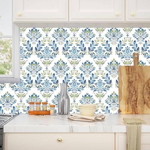 BOKEBEVE Boho Floral Peel and Stick Wallpaper Blue White 17.5 x 118In - Image 4