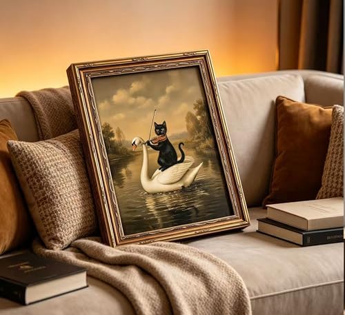 Vintage Gold Framed Black Cat Wall Art, Dark Academia Swan Painting Canvas Print - Image 4