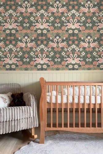 Heroad Green Peel and Stick Wallpaper Vintage Floral Flamingo Contact Paper - Image 3