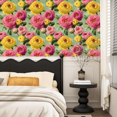 BOKEBEVE Floral Wallpaper Peel and Stick Boho Pink Green 17.5 x 393.7In - Image 2