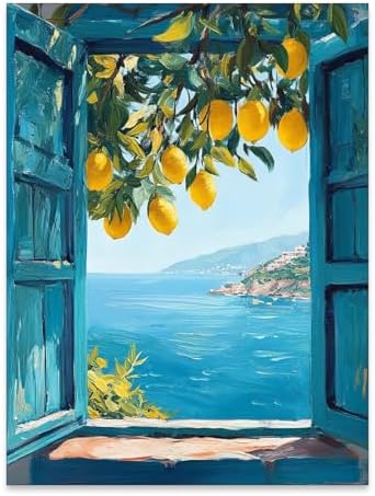 PDFI Mediterranean Window View Wall Art Coastal Lemon Tree Canvas Prints Blue by PDFI
