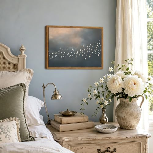 Framed Vintage Flying Bird Canvas Wall Art, Minimalist Abstract Flock of White - Image 3
