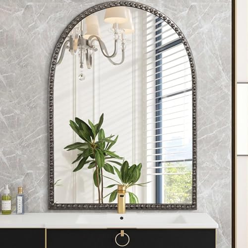 Arched Mirror for Wall, Retro Metal Beaded Frame Decorative Mirror for Vanity by HLFMVWE