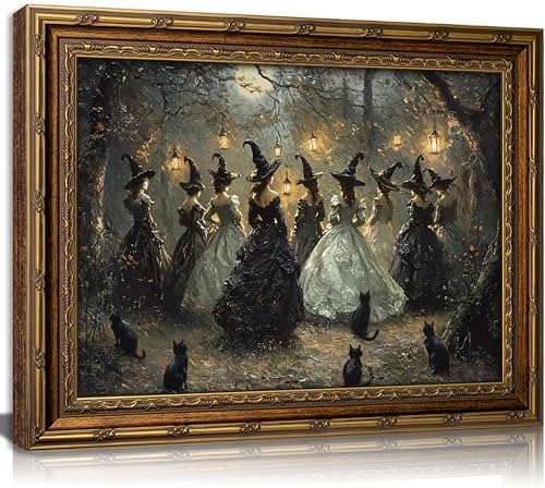 Vintage Gold Framed Canvas Wall Art Dark Academia Gothic Black Cat Painting by Gothicart
