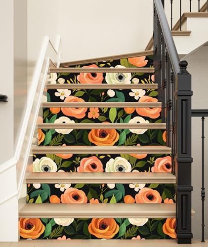Danodoi Orange Green Vintage Floral Peel and Stick Wallpaper 17.5" x 118" - Image 5