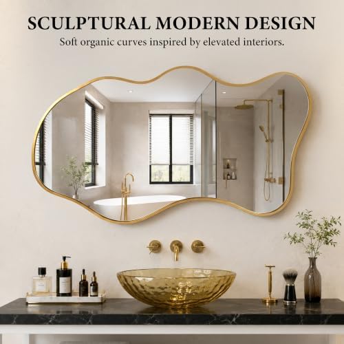 26"x46" Irregular Gold Wall Mirror, Wavy Asymmetrical Mirror - Image 2