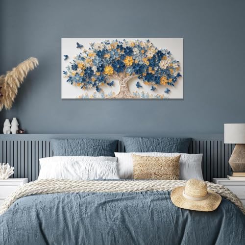 Blue Floral Tree Butterfly Canvas Wall Art Decor - Image 4