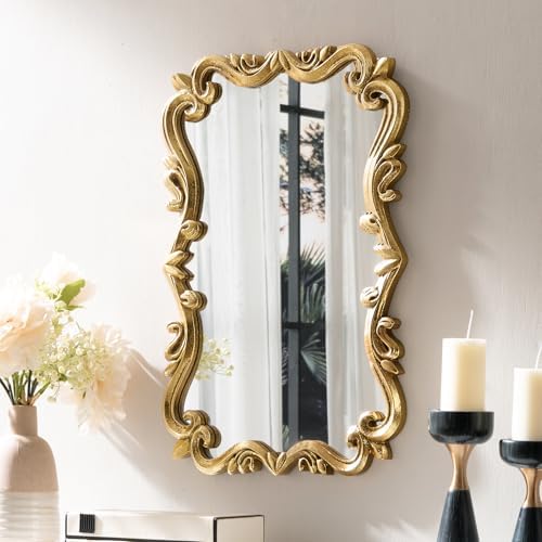 Brushed Gold Bahtroom Mirror, Rectangle Luxury Vintage Wall Mirror, Scalloped by LOVNAHOMakeYourHomeLovely