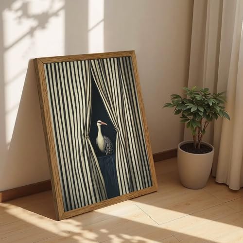 AVECCO Vintage Striped Curtain Moody Crane Wall Art Canvas Framed 16x24 in - Image 4
